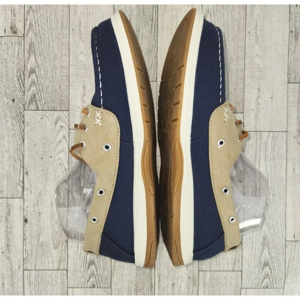 Khombu Womens Boat Shoe Sz 9.5 Tan Navy Sporty Summer Boating Sailing Deck Shoe